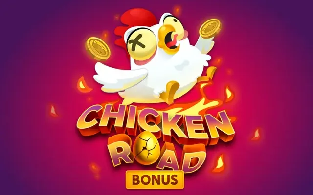 Bannière du jeu Chicken Road Bonus avec la poule au-dessus des flammes