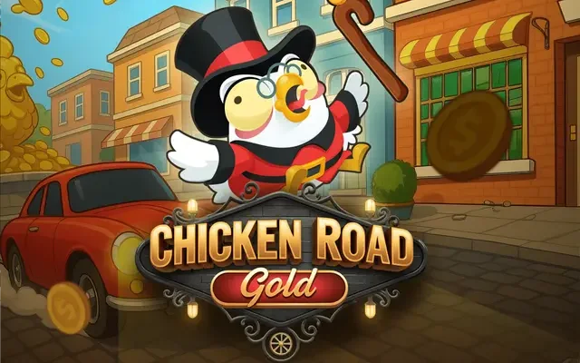 Bannière du jeu Chicken Road Gold avec la poule en haut-de-forme