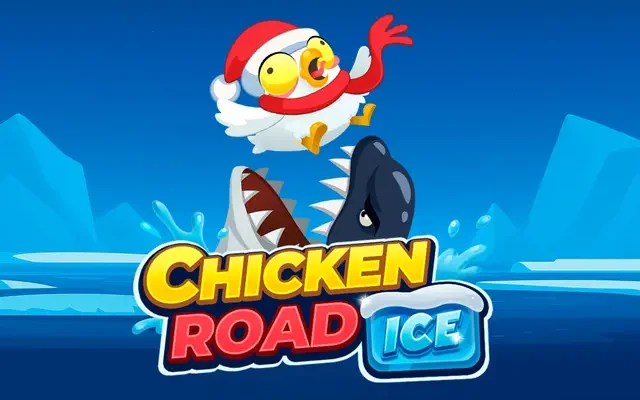 Bannière du jeu Chicken Road Ice avec la poule sur la banquise