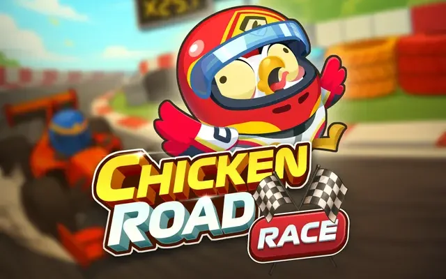 Bannière du jeu Chicken Road Race avec la poule en casque de pilote