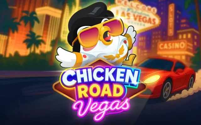Bannière du jeu Chicken Road Vegas avec la poule et une voiture rouge